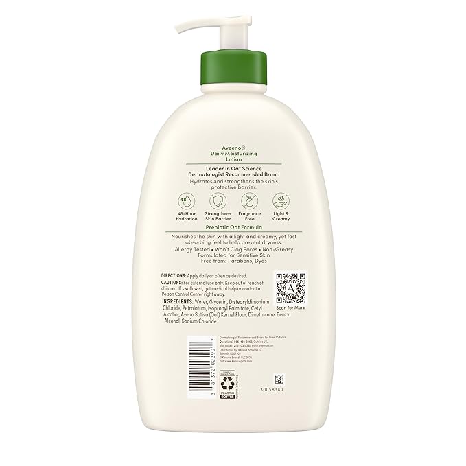Aveeno Daily Moisturizing Body Lotion with Soothing Prebiotic Oat, Gentle Lotion for Women & Men Nourishes Dry Skin, Paraben-, Dye-, & Fragrance-Free, Non-Greasy, Non-Comedogenic, Value Size 33 Fl Oz