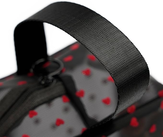 TOPASION Portable Mesh Makeup Bag with Zipper Small Travel Toiletry Bag Lightweight Cosmetic Pouch (Black&Red Heart with Handle)