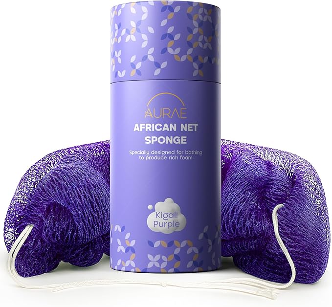 AURAE Premium African Net Sponge – Authentic Exfoliating Body Scrubber, 45-Inch, Quick-Drying – Purple