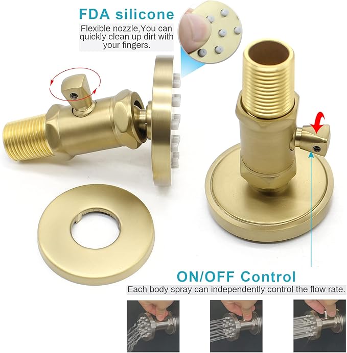 (Upgrade) Solid Brass Shower Jets with On Off Switch Brushed Gold Round Shower Body Sprays Massage Wall Jets Rotating Showerhead Body Sprayers Adjustable, NPT 1/2”