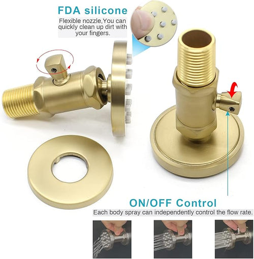(Upgrade) Solid Brass Shower Jets with On Off Switch Brushed Gold Round Shower Body Sprays Massage Wall Jets Rotating Showerhead Body Sprayers Adjustable, NPT 1/2”