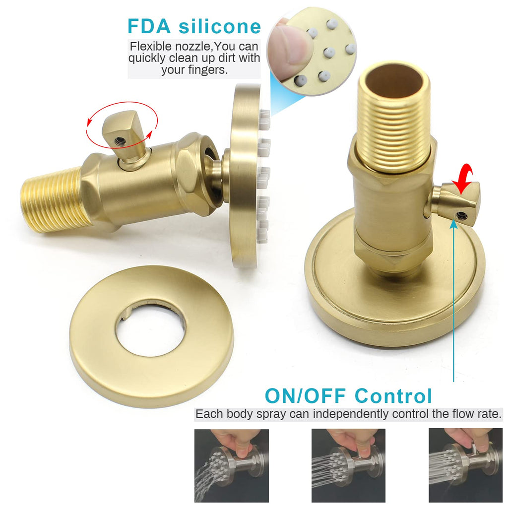 (Upgrade) Solid Brass Shower Jets with On Off Switch Brushed Gold Round Shower Body Sprays Massage Wall Jets Rotating Showerhead Body Sprayers Adjustable, NPT 1/2”