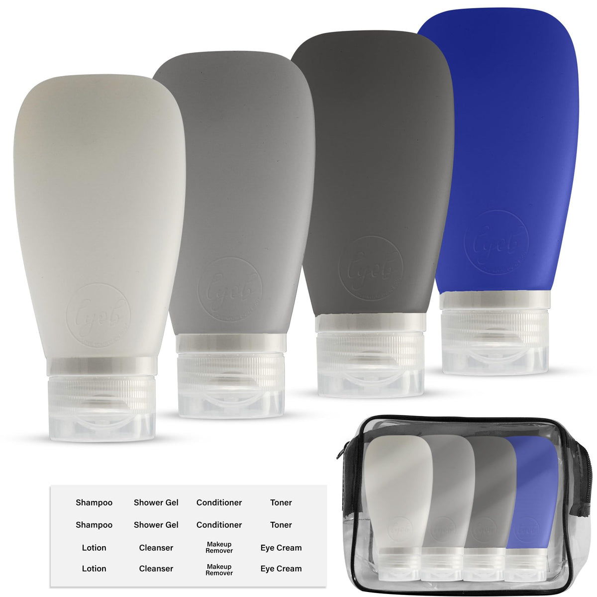 LYOB Travel Bottles for Toiletries, TSA Approved 3oz (90ml) Leak Proof Silicone Refillable Squeeze Travel Size Containers BPA Free for Cleansers, Lotions, Shampoo 4pk-With Bag (P,G,Blk,BL)