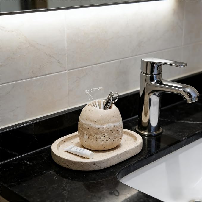 SIRIZEN-DIVING Travertine Toothpick Holder, Small Stone Cup Organizer