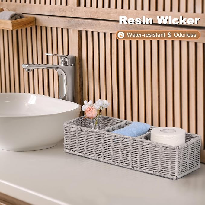 Gray 3-Section Wicker Storage Basket - Modern Minimalist Toilet Paper & Toiletries Organizer