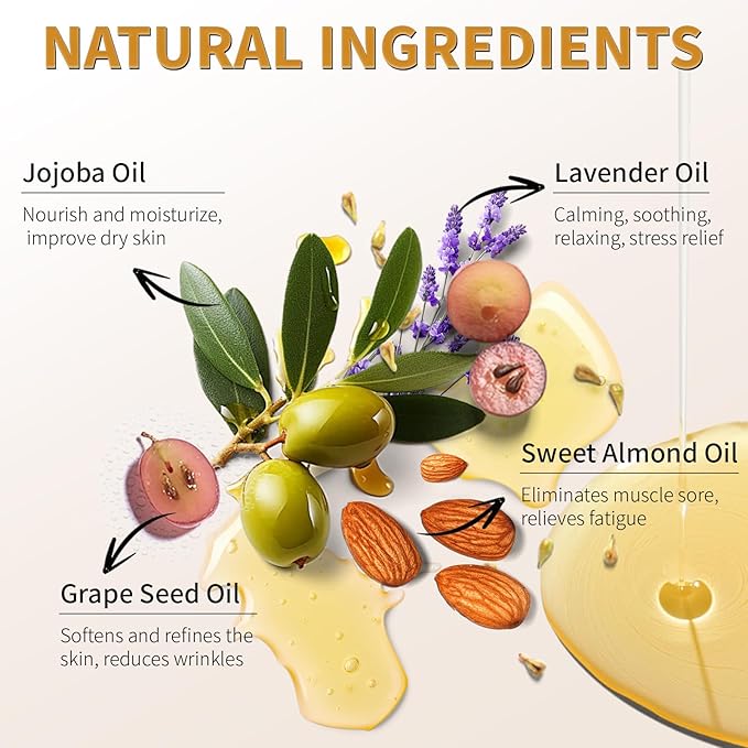 Pjordo Aromatherapy Lavender Massage Oil for Calming, Soothing & Relaxing, Natural Body Massage Oil for Massage Therapy with Jojoba & Sweet Almond, No Stain & Non-Sticky, Spa Gift for Her Him