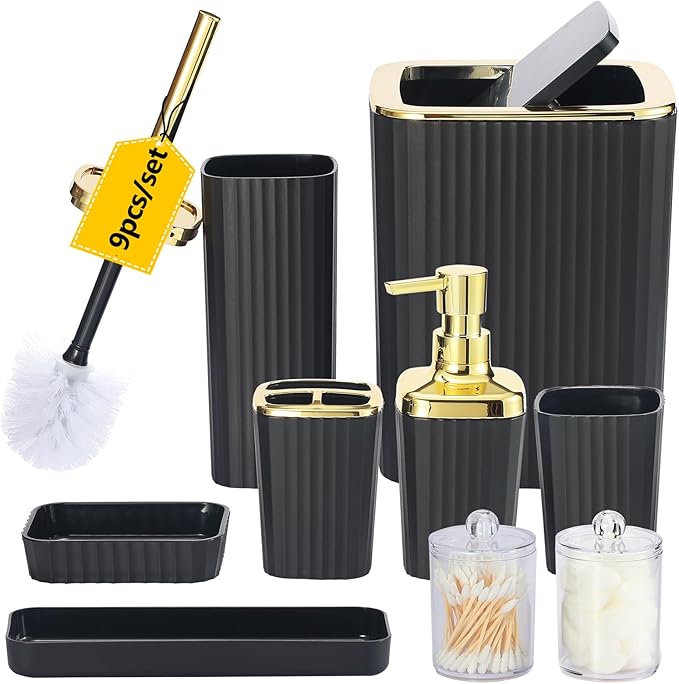 Bathroom Accessory Set,9 Pieces Black Bathroom Accessory Set with Toothbrush Holder, Trash Can, Lotion Soap Dispenser, Toothbrush Cup, Vanity Tray, Soap Dish, Toilet Brush, Qtip Holder