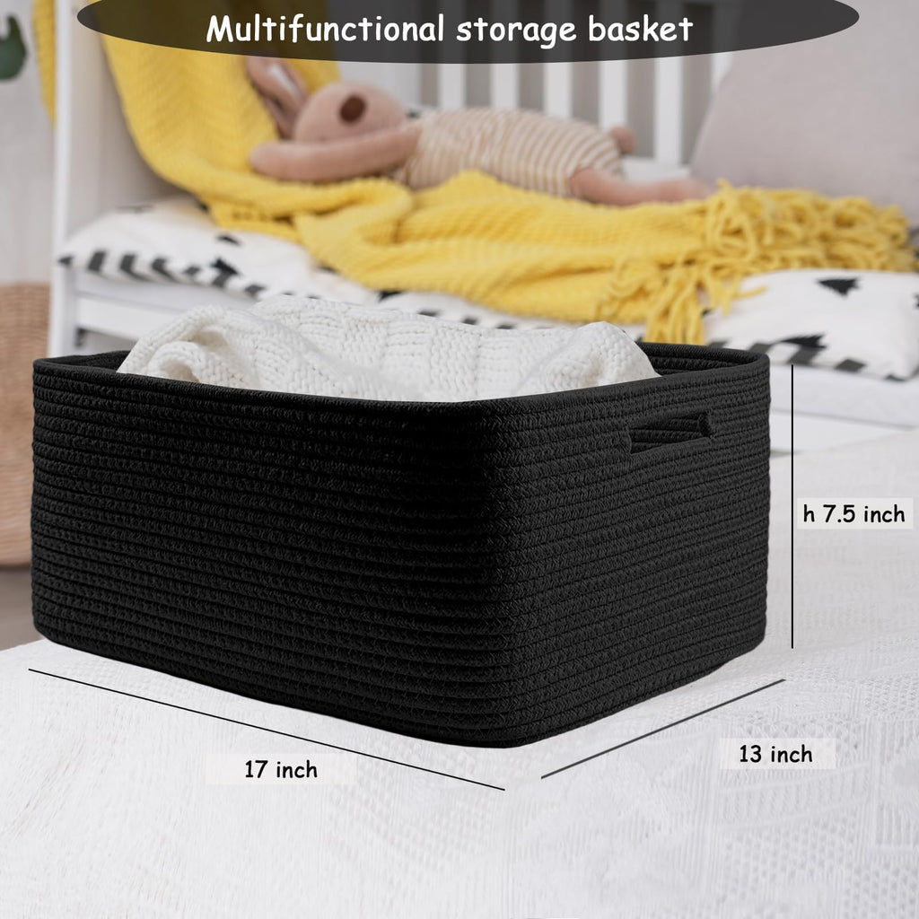 COMFY-HOMI Cotton Rope Woven Basket with Handles for Shelves,Toys,Book, Cloth Storage Baskets Bin for Organizing- 1 PCSToy Decorative Organizer for Living Room, Bathroom 17" x 13" x 7.5"