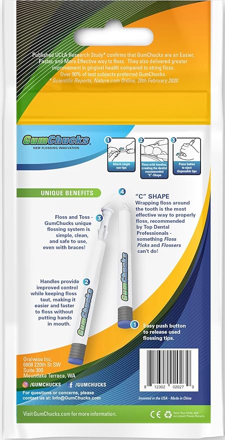 GumChucks Refill Tips - Floss Picks for Braces & Tight Teeth – Reusable Dual Handle Flosser – No Hands in Mouth - Easy for Kids, Adults & Seniors (30 Tips)