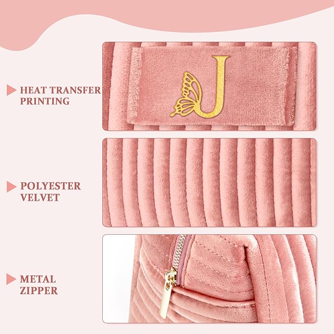 COSHAYSOO Travel Makeup Bag Quilted Make Up Pouch Initial Cosmetic Case with Butterfly Decorations for Women Compact Mirror Traveling Size Beauty Tools Accessories Organizer Pink Velvet Letter J