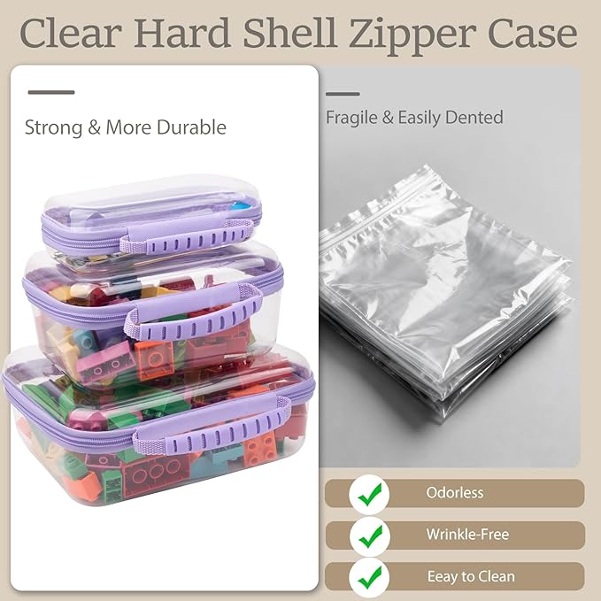 JZRTravel 3 Pack Clear Hard Shell Zipper Case with Handle Waterproof PET Hard Plastic Storage Pouches for Toiletry Makeup Cosmetic Toys Art Supplies Case Bag Organizer Travel Essentials