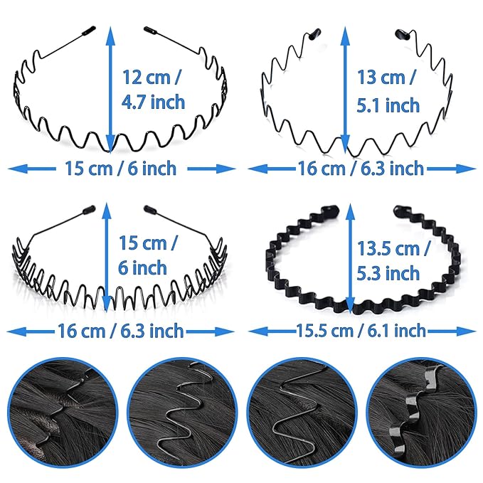 Metal HairBand for Men, Unisex Wavy Spring Hair Band, Black Zig Zag Headband, Fashion Elastic Hair Accessories Perfect for Outdoor Sports and Daily Use (8 Pack)