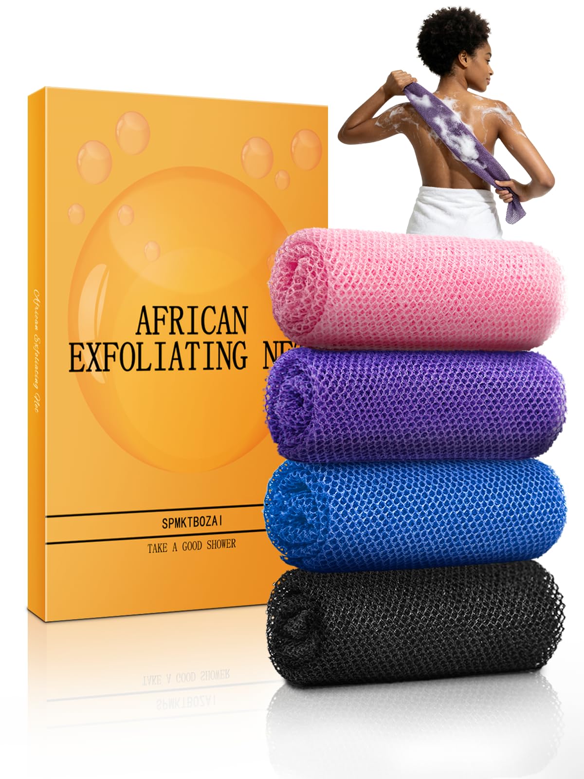 SPMKTBOZAI 4 Pack African Net Sponge, African Exfoliating Net for Body