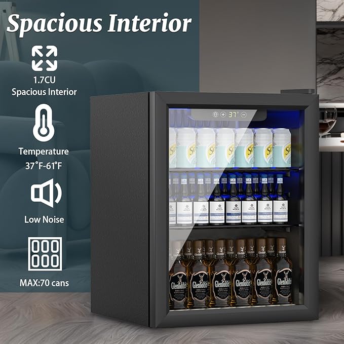 DOGHLY 1.7 Cu.ft Beverage Refrigerator Cooler, 72 Cans Mini Fridge with Glass Door, and Temperature controllable switch for Soda, Beer or Wine For Office or Bar with Removable Shelves