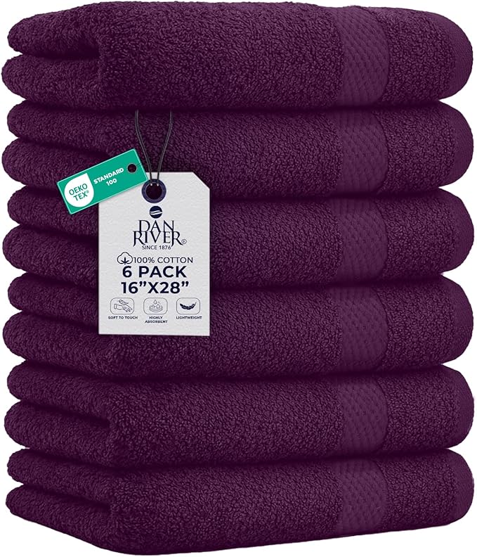 DAN RIVER 6-Pack Premium Hand Towels (16x28 Inches) - 100% Cotton, Ultra Soft, Lightweight, Highly Absorbent Towels for Bathroom, Spa, Gym, Salon, Hotel, and Travel - Purple Passion