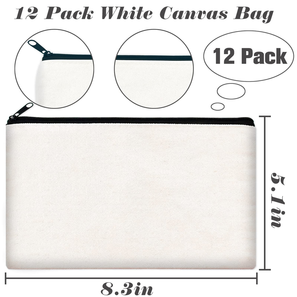 ZeeDix 12 Pieces Canvas Pouch Bulk- White Blank DIY Craft Bag Canvas Zipper Bags Multipurpose Cosmetic Makeup Travel Toiletry Bag for Storage(8.3 x 5 inches)