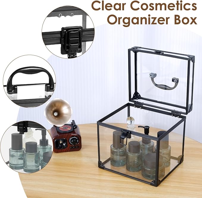 Fizocosisto Makeup Box,Clear Cosmetic Case with Latches and Handle Large Capacity Toiletry Organizer Box Travel Makeup Tools for Vanity Bathroom Counter Dresser(black)