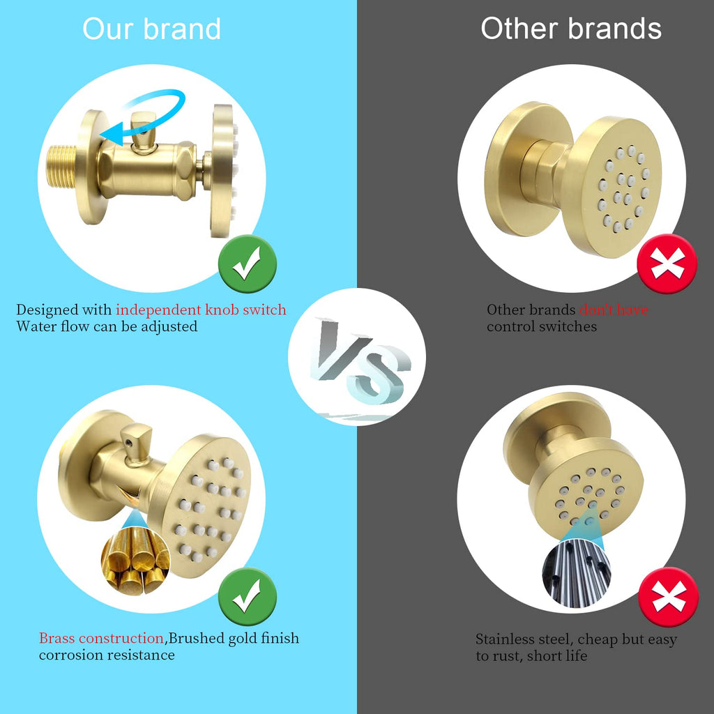 (Upgrade) Solid Brass Shower Jets with On Off Switch Brushed Gold Round Shower Body Sprays Massage Wall Jets Rotating Showerhead Body Sprayers Adjustable, NPT 1/2”