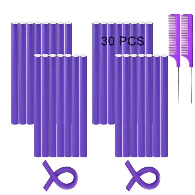 Beyoslf 9.45"x 0.55" Flexible Curling Flexirods, 30Pcs Heatless Bendy Foam Rods for Long, Medium, Short Hair Curls - Purple