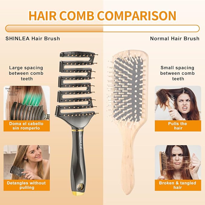 Curved Detangling Brush for Curly Hair, Professional Vented Anti-Tangle Brush for Wet & Dry, Ideal for Textured 2A to 4C Hair and Thick Blow Drying