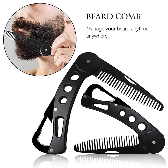 Kootinn Stainless Steel Folding Beard Comb - Portable Multifunction Anti Static Comb with Leather Cover for Men Grooming, Combing Hair, and Mustache Styling