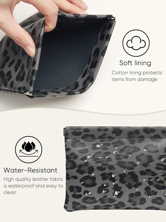 Ksriylm 2 Leopard Leather Small Makeup Pouches Set for Women,Cosmetic Accessories,Waterproof and Portable Cosmetic Bags,Self-closing,No Zipper, Aesthetic Storage Pouch,Lipstick for Purse, Black