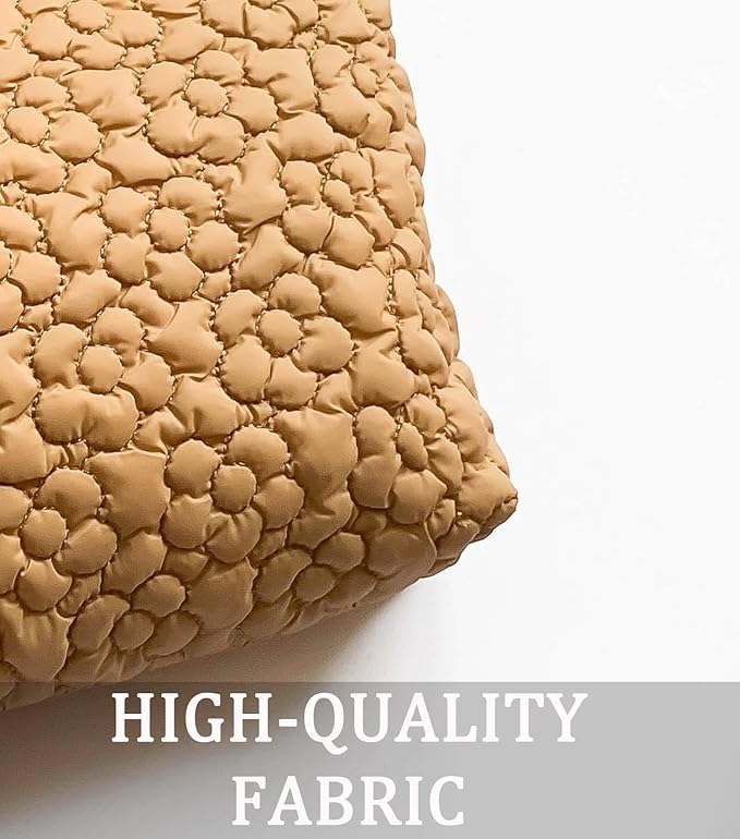 HFLZBRO Puffy Quilted Makeup Bag, Cosmetic Bag, Travel Toiletry Organizer Pouch, Clutch for Wom (Khaki Flower)