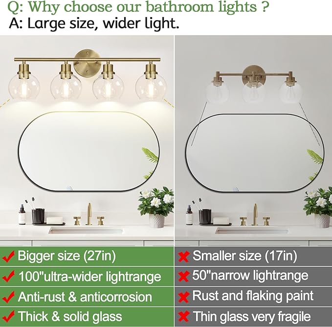 4-Light Bathroom Light Fixtures, Brushed Brass Bathroom Lights Over Mirror with Clear Glass Globe Shade, Vanity Lights for Bathroom Kitchen Living Room Hallway Cabinet Bedroom Porch