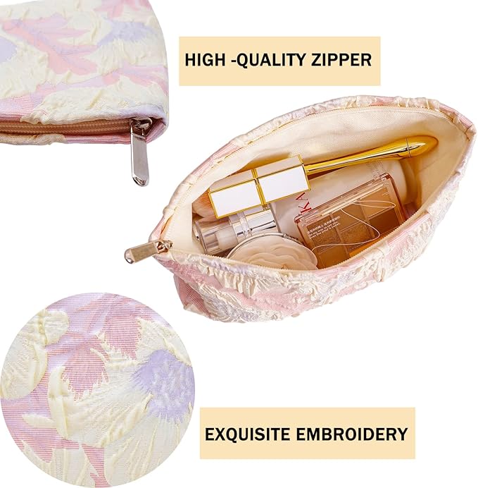 getgto 2 Pcs Makeup Bags, Large Cosmetic Bag Travel Toiletry Bag Organizer for Women, Embroidery Craft, Floral Makeup Bag Small Cosmetic Pouch Purse with Zipper Gifts for Girls Teen
