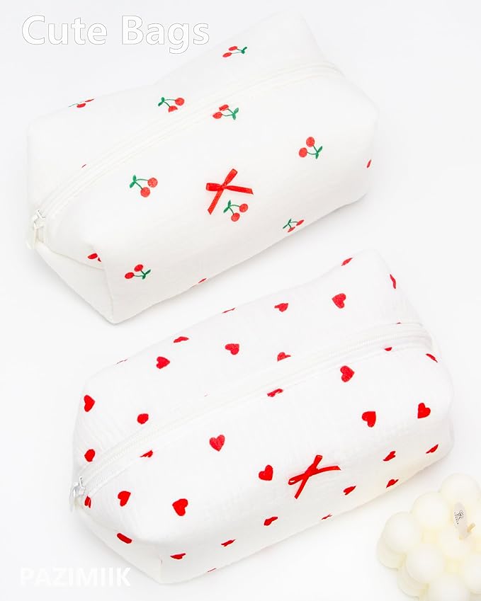 PAZIMIIK Cozy Makeup Bag for Women,Zipper Cosmetic Pouch,Gauze Heart