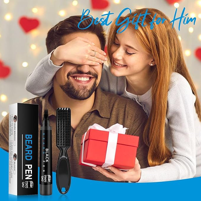 Beard Pencil with Beard Brush Long-lasting & Water-proof Grooming Kits for Mens, Gifts for Him (Black)