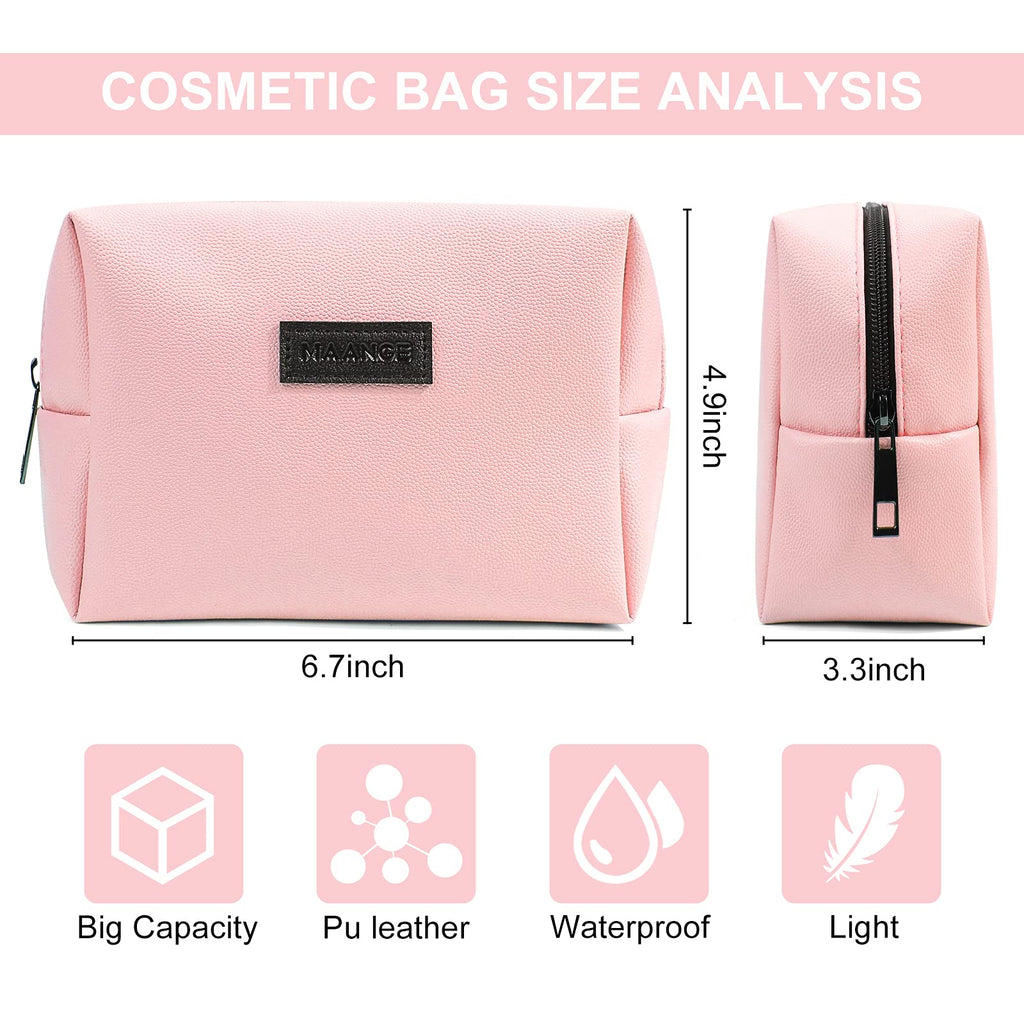 MAANGE 2 Pcs Small Makeup Bag For Purse, Travel Cosmetic Bag Makeup Pouch PU Leather Portable Versatile Zipper Pouch For Women (Pink+Green)