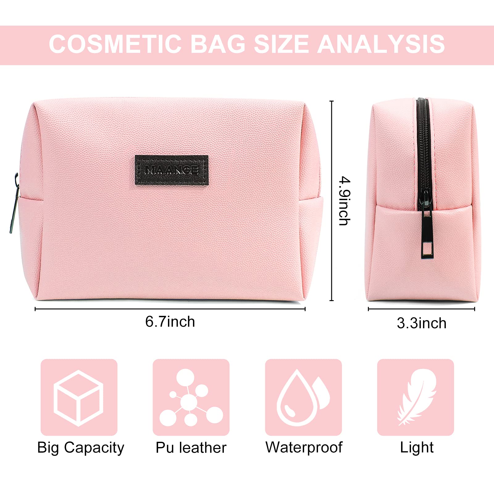 MAANGE 2 Pcs Small Makeup Bag For Purse, Travel Cosmetic Bag Makeup Pouch PU Leather Portable Versatile Zipper Pouch For Women (Pink+Green)