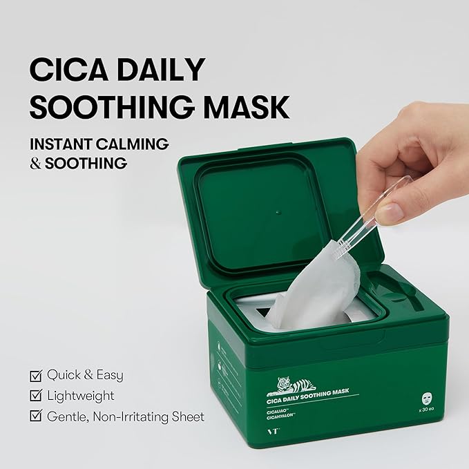VT COSMETICS CICA Daily Soothing Mask, 30 Sheet Face Masks for Sensitive Skin, Centella Asiatica & Triple Hyaluronic Acid, Hydrating Korean Sheet Mask for Redness, Dryness & Skin Barrier Care
