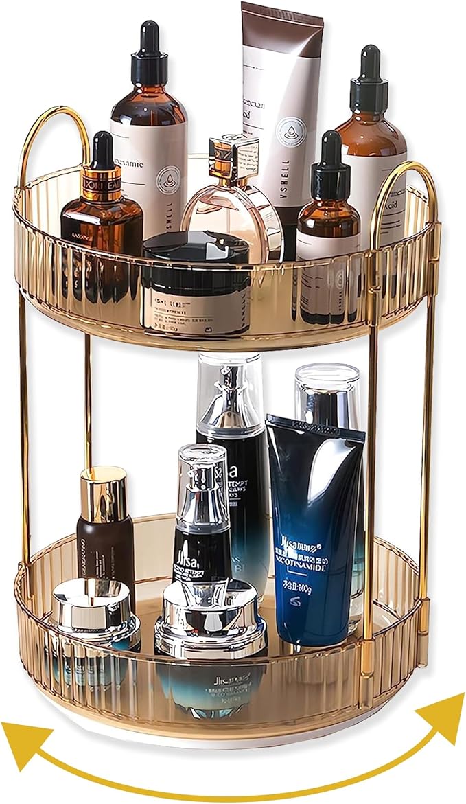 Asayuee 360 Rotating Makeup Organizer,2 Tier Large Capacity Make Up Organizers and Storage,Skincare Perfume Vanity Organizers,Bathroom Cosmetics Storage Organizer Countertop(Clear)