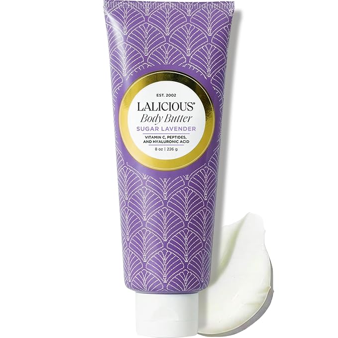 LALICIOUS Sugar Lavender Whipped Body Butter 8oz | Ultra-Hydrating Shea Butter Body Cream with Hyaluronic Acid, Vitamin C & Peptides | Deep Moisturizing Lotion for Dry Skin | Calming Lavender Scent