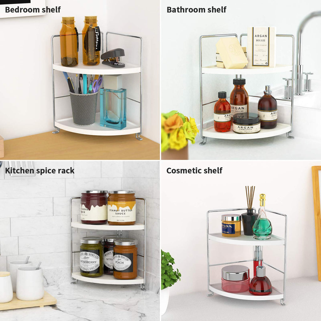 FSyueyun 2-Tier Corner Bathroom Counter Organizer, Tool-Less Installation Vanity Shelf Small Plastics Countertop Makeup Tray Skincare Perfume Organizers (Silver)