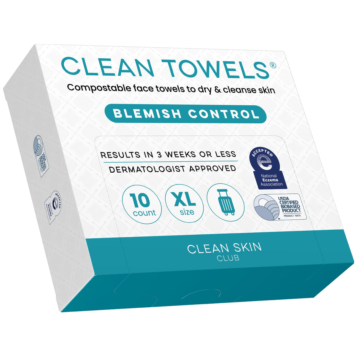 Clean Skin Club Blemish Control Clean Towels® XL, Travel Pack,Face Towels, Light Exfoliation for Oily Skin, Eczema Association Accepted Face Towel, TSA-Approved Travel Essential (10 Count(Pack of 1))