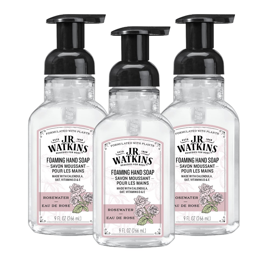J.R. Watkins Moisturizing Foam Hand Soap Dispenser 3 Pack, Rose, 9 fl oz