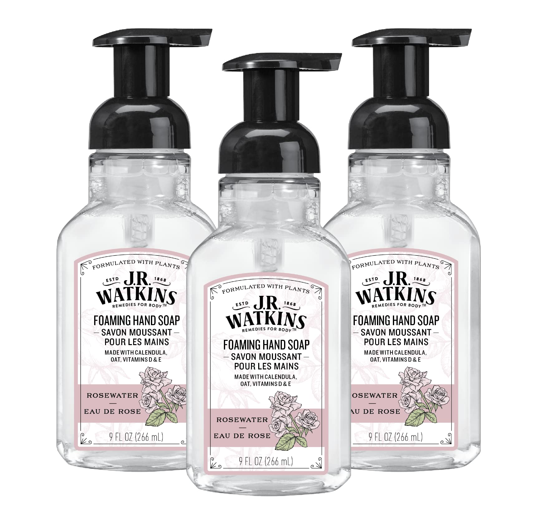 J.R. Watkins Moisturizing Foam Hand Soap Dispenser 3 Pack, Rose, 9 fl oz