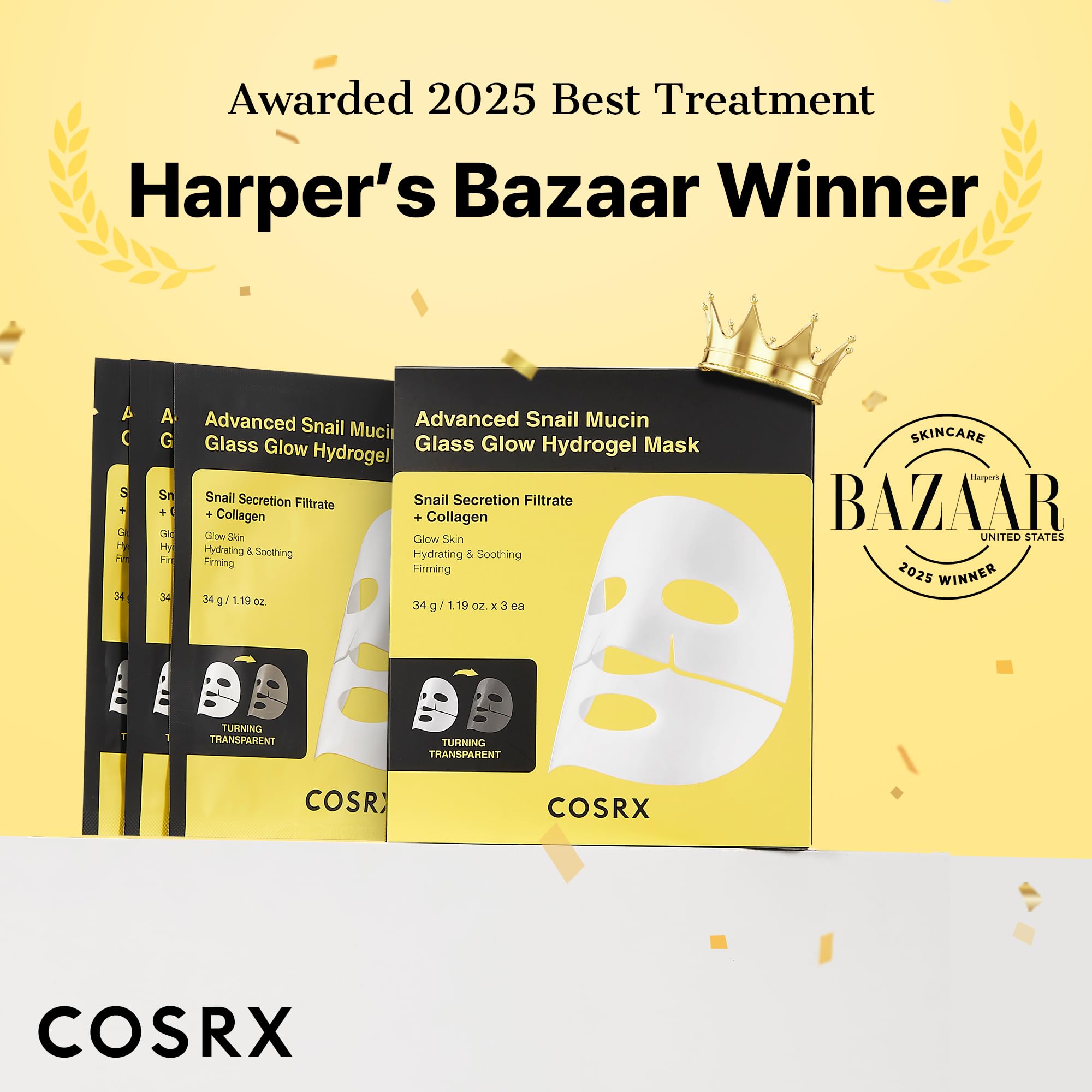 COSRX Advanced Snail Mucin Glass Glow Hydrogel Face Masks Skincare 3 EA, Collagen Face Mask, Travel Essentials, Overnight Face Mask, Korean Skin Care