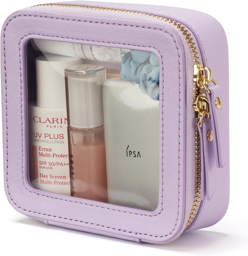 Small Cosmetic Bag for Purse Mini Makeup Bag for School Cute Clear Make Up Pouch for Travel Tiny Leather Purple Make Up Organizer Case for Backpack Toiletry Bag Waterproof Square Pouch with Zipper