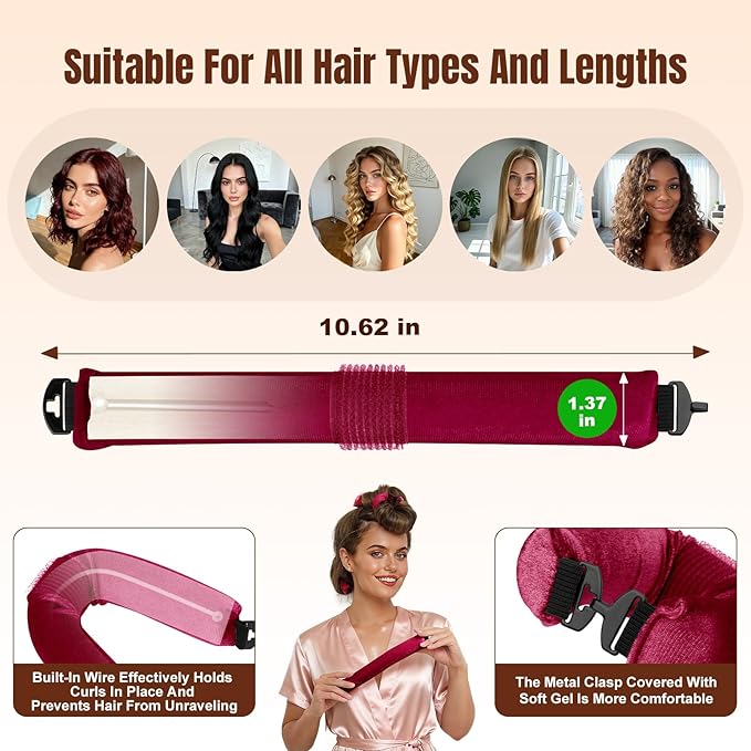 BLAAROOM Overnight Heatless Hair Curler, Upgraded with Hair Pad Grippers Satin Jumbo Flexi Blowout Curls Rods, 3pcs No-Heat Styling Tools Curling Rod to Sleep in for All Hair Types - Wine Red