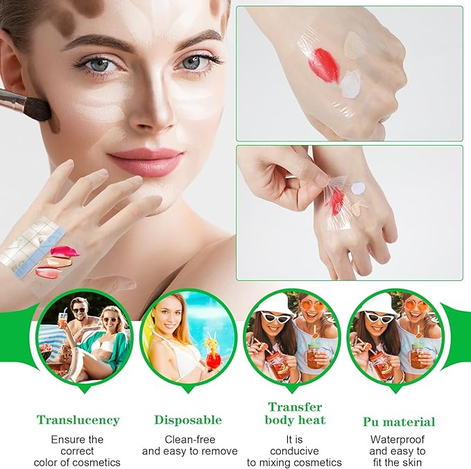 Qianyu 100 Pieces Makeup Hand Palette Single Use Makeup Mixing Palette Professional Makeup Artist Must Haves Disposable Transparent Waterproof Cosmetic Tray Adhesive Tape for Women and Girls
