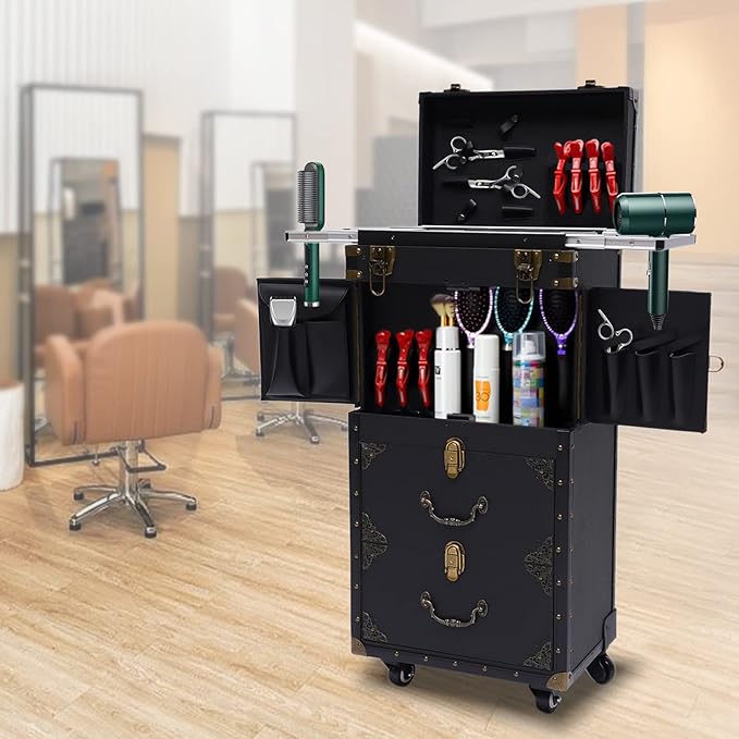 Rolling Lockable Makeup Train Case, Hairdressing Trolley Travel Organizer Tool Box Stylist Beauty Salon Cosmetic Luggage with Hair Dryer Holder for Barber Stores Hairdressing Colleges Homes