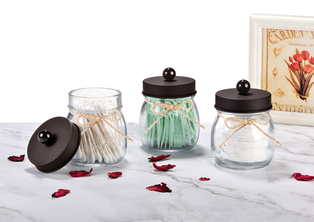 SheeChung 6 Pack Glass Mason Jar Qtip Holder, Bronze Stainless Steel Lids