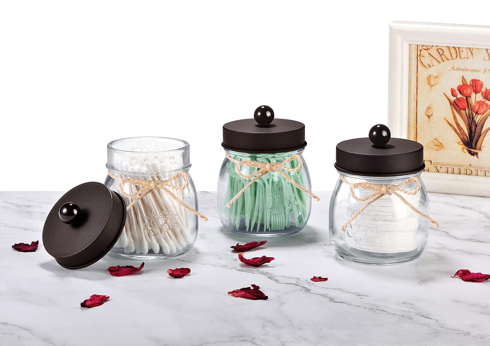 SheeChung 6 Pack Glass Mason Jar Qtip Holder, Bronze Stainless Steel Lids