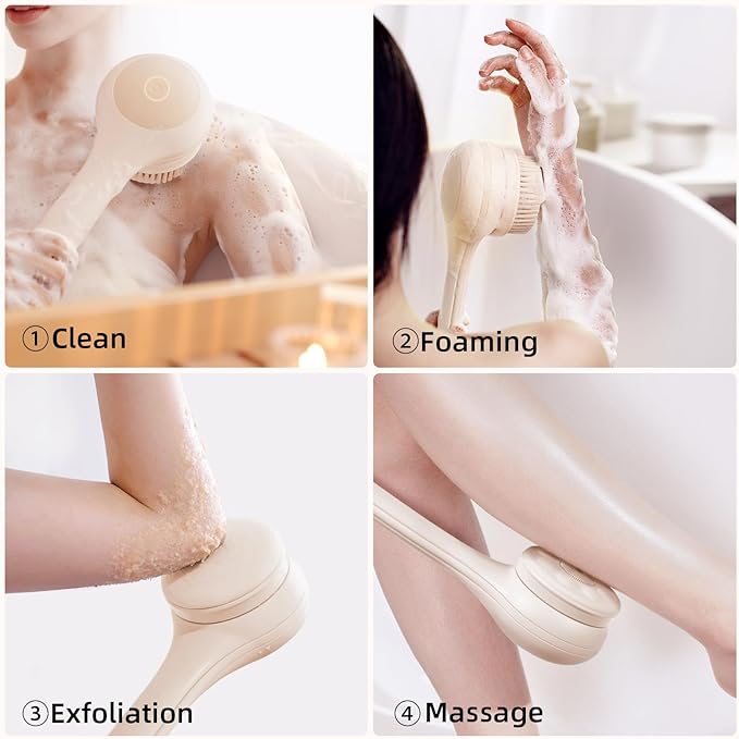 Oh,XIYU. Electric Body Brush Back Scrubber for Shower, Waterproof Long Dual Handle Body Scrubber with 3 Heads, Bath Brush & 2 Speeds, for Cleansing, Exfoliating and Massaging Skin, Chrysanth Pink