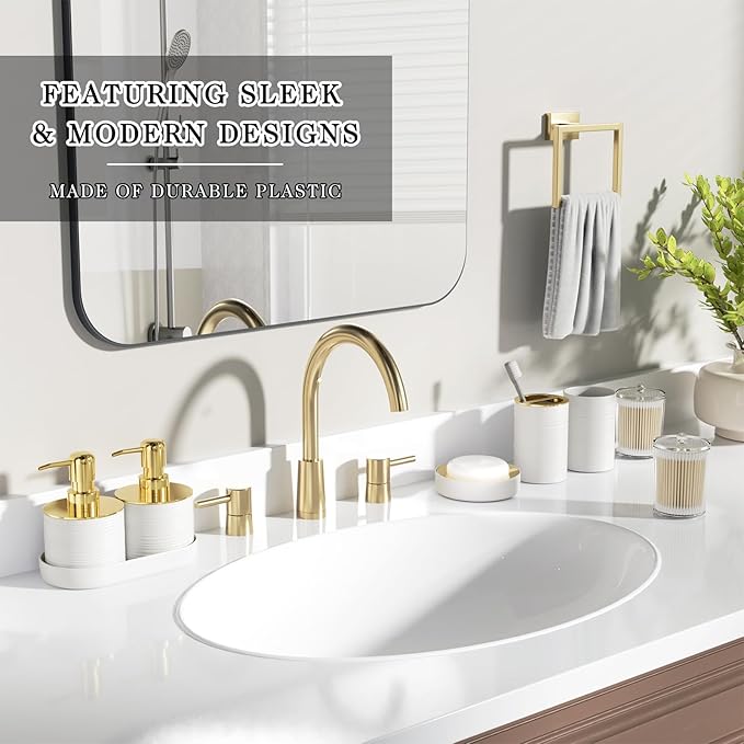 InnJoey Bathroom Set, 10PC Bathroom Accessory Set, White Bathroom Accessories, White and Gold Bathroom Set with Trash Can, Soap Dispensers
