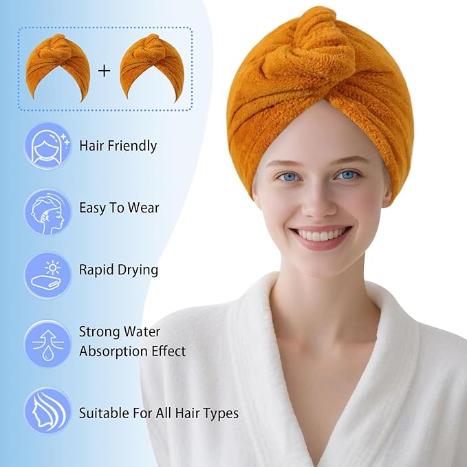 Microfiber Hair Drying Towel Wrap for Women, Hair Turbans Towel for Wet Hair,turbie Twist Hair Towels(The Color of the Picture is for Reference only) (Apricot Yellow,Apricot Yellow)